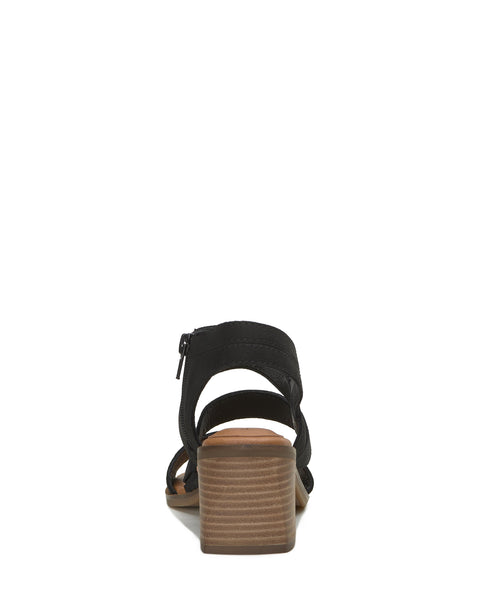 back view of black heeled sandals with block heel and zipper