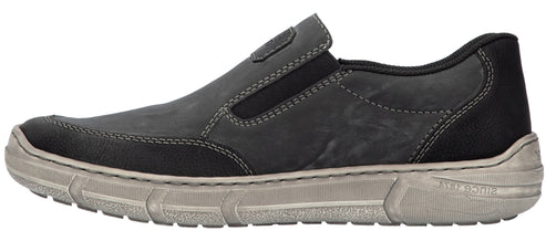 A gray casual slip-on shoe with a thick sole.