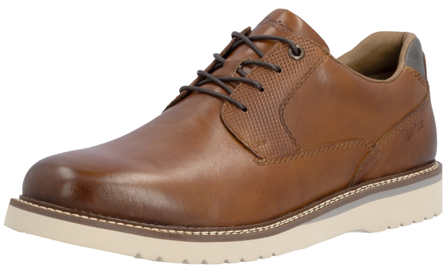 A tan leather derby shoe with dark brown laces, a textured leather panel on the side, and a thick, white ridged rubber sole.