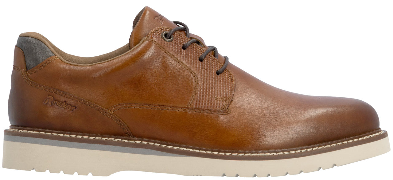 A brown leather oxford shoe with dark laces, a textured side panel, a cushioned beige sole, and a dark grey heel accent.