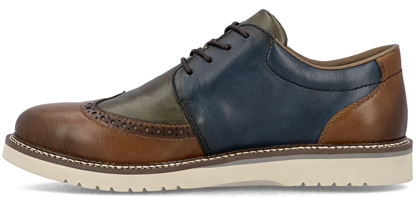 A multi-colored leather lace-up shoe with a brown toe, olive-green side, and navy-blue ankle.