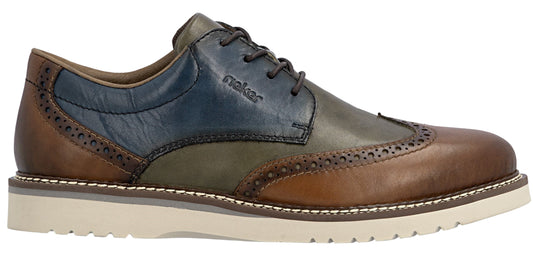 A tri-color leather dress shoe with a white sole and brown laces.