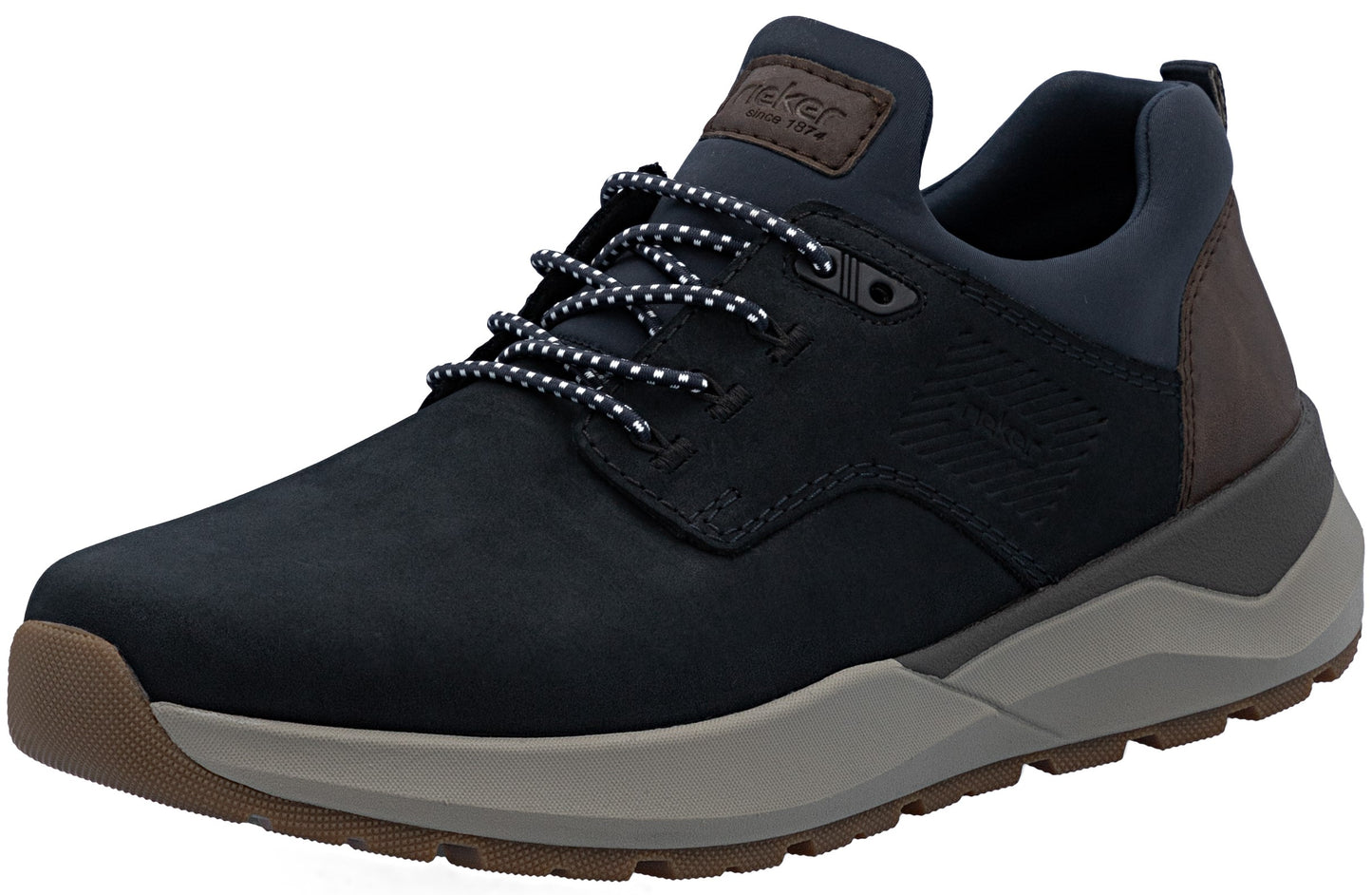A dark blue men's sneaker with a brown leather tongue patch and heel panel, featuring a thick gray midsole and a brown lugged outsole, shown from a side-angle view.
