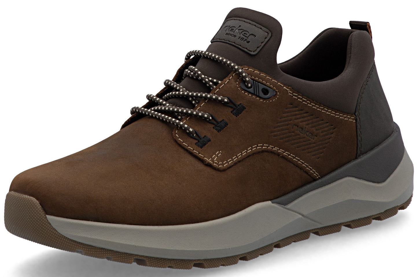 A brown leather lace-up casual shoe with a tan-colored thick rubber sole and dark brown heel trim.