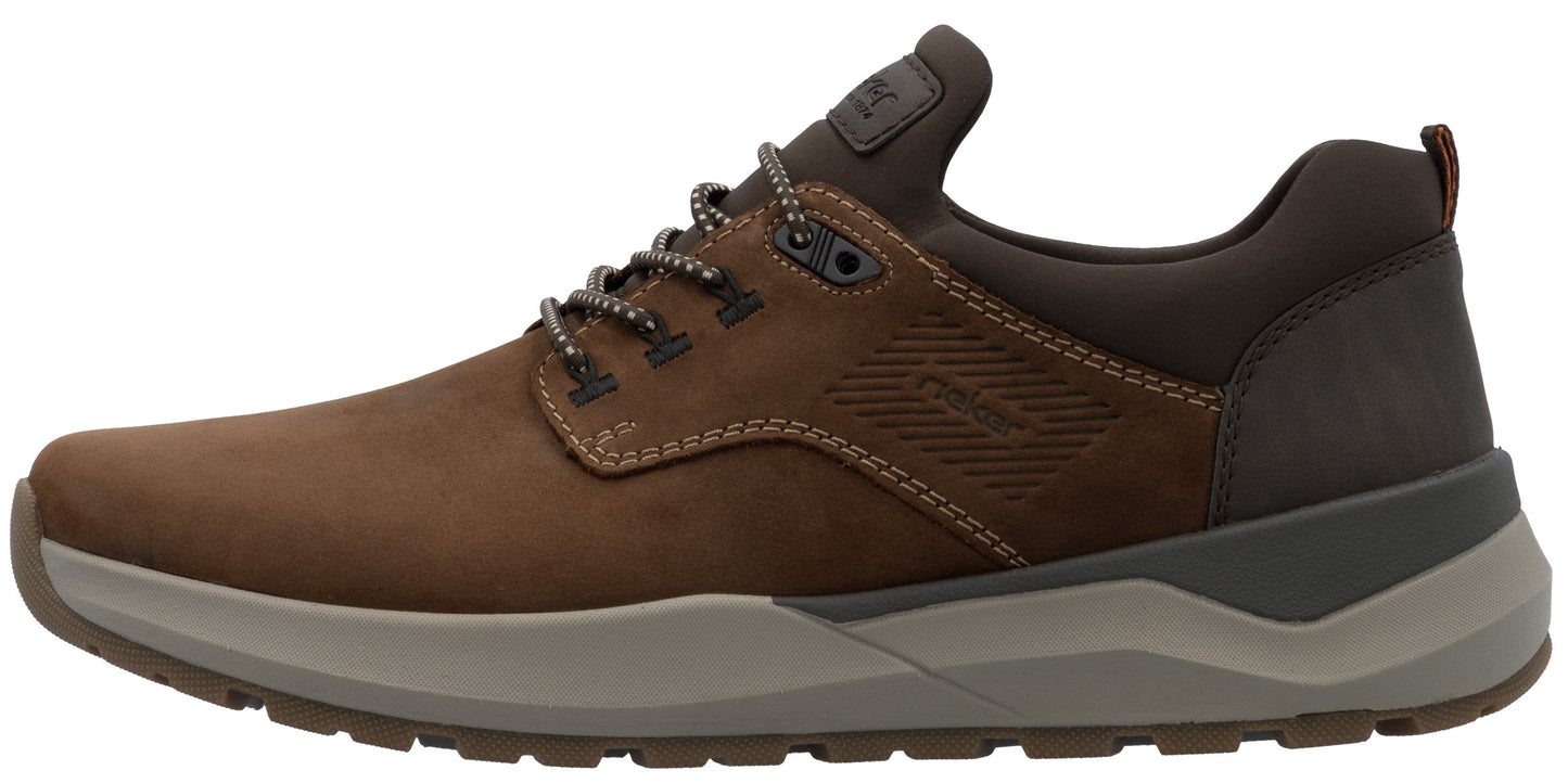 A brown leather casual sneaker with a thick, two-toned grey rubber sole, dark brown collar, matching brown laces, and subtle embossed logo detail on the side.