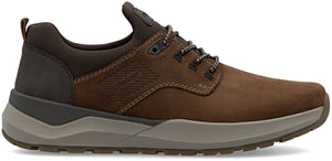 A brown leather sneaker featuring a light gray textured midsole, a dark brown padded collar, a matching brown lacing system with metallic eyelets, and a visible logo embossed on the side panel.