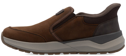 A brown slip-on shoe with a gray sole.