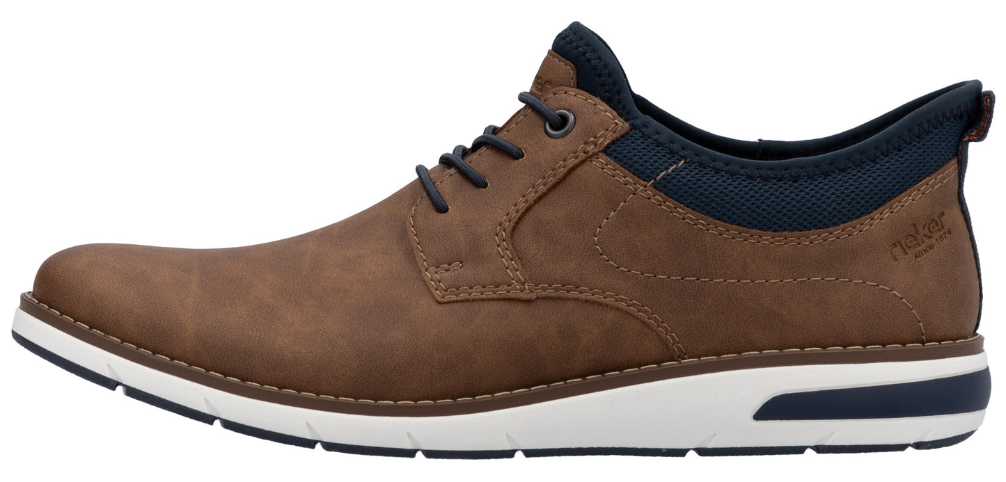 A brown leather lace-up dress shoe with a white sole and blue accents.