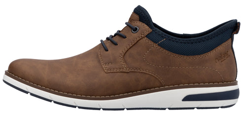 A brown leather lace-up dress shoe with a white sole and blue accents.