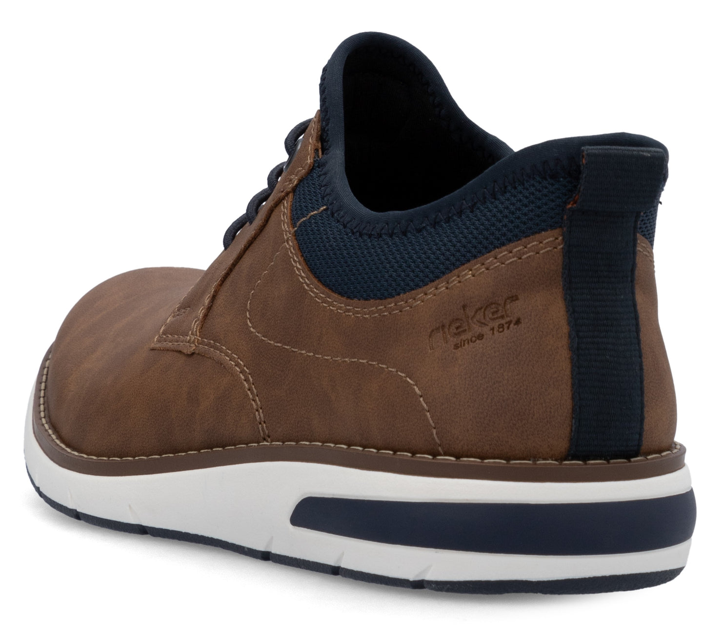 Brown leather dress shoe with blue accents, white sole, and visible text "Rieker since 1874".