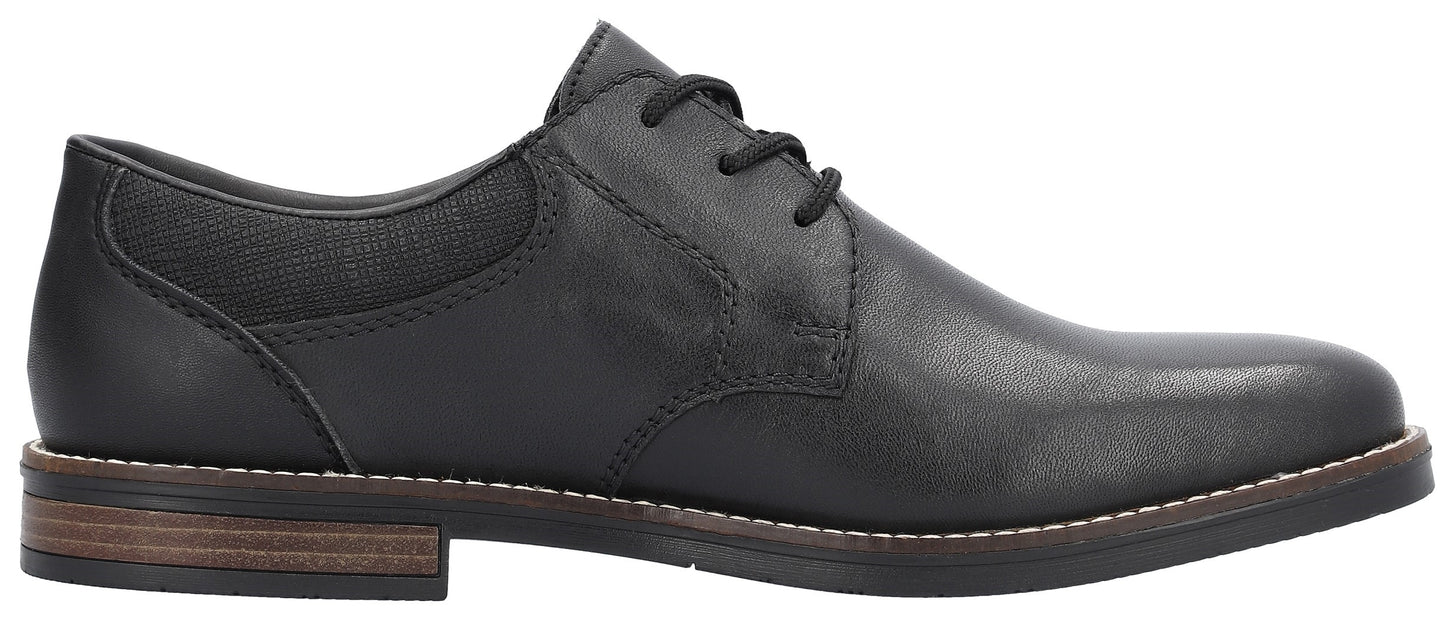 A black leather dress shoe with laces and a stacked heel.