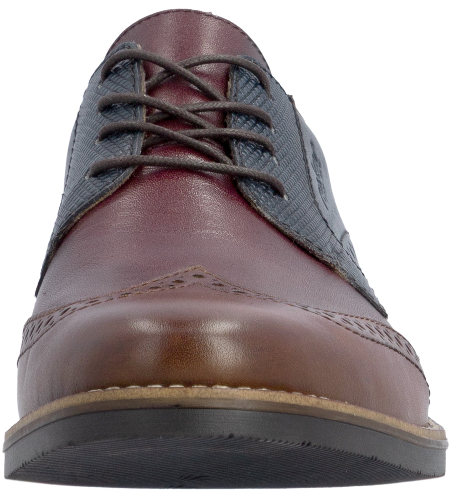 A low-angle front view of a men's brown leather dress shoe with dark blue patterned side panels and lacing.