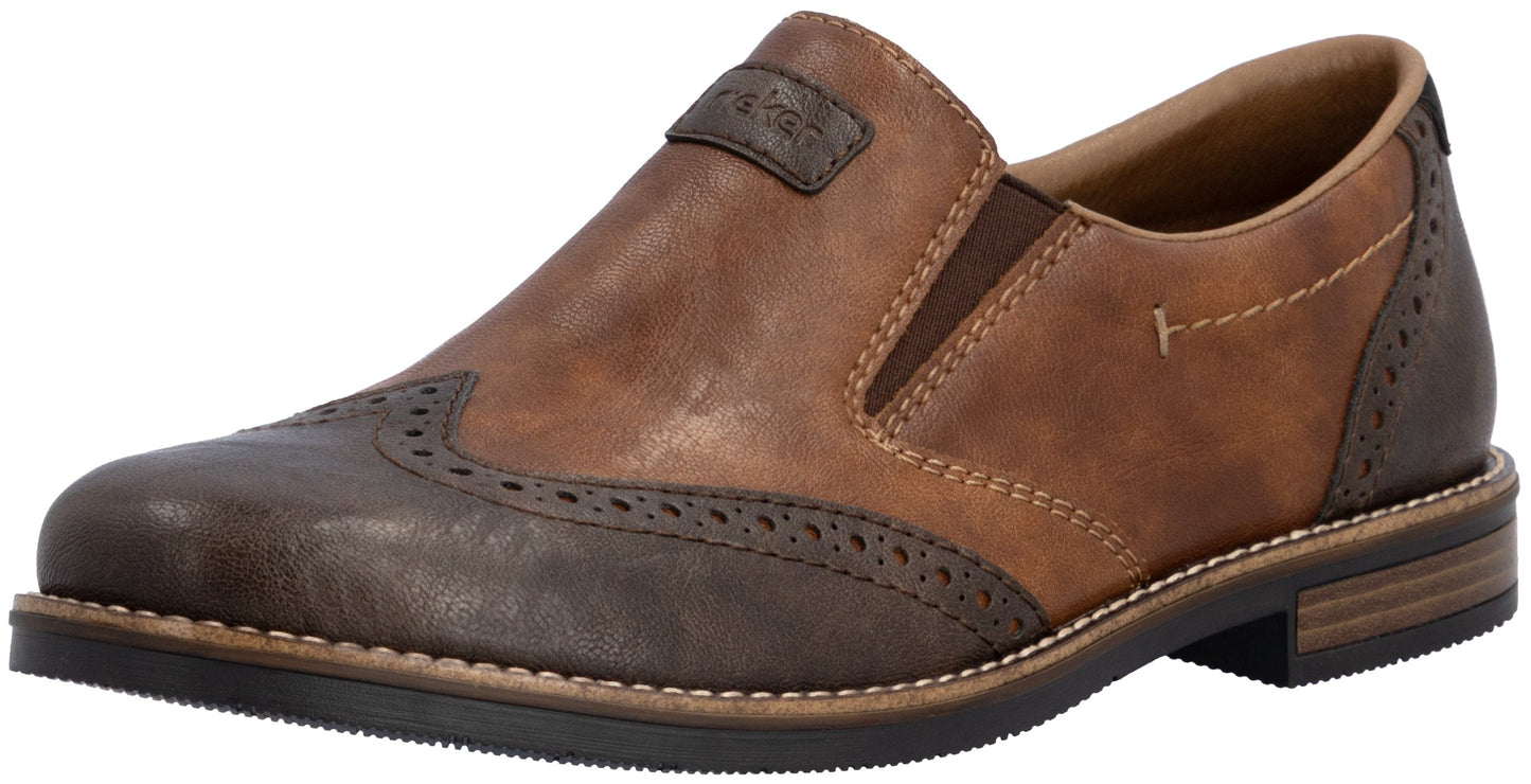 A brown slip-on wingtip shoe made of leather with a darker brown toe cap and heel counter featuring decorative perforations, a small elastic gusset on the side, and a low stacked heel.