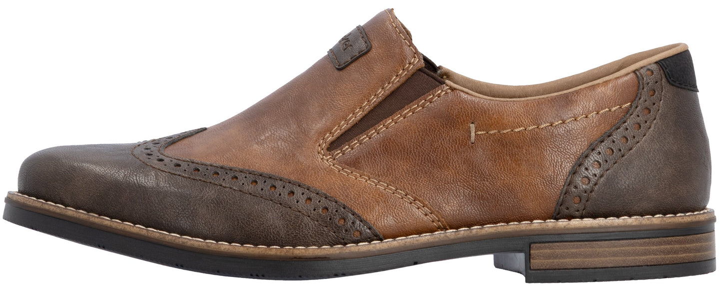 A brown leather slip-on dress shoe featuring wingtip detailing, a dark brown rounded toe, a tan side panel with contrast stitching, and a dark brown sole with a small heel.
