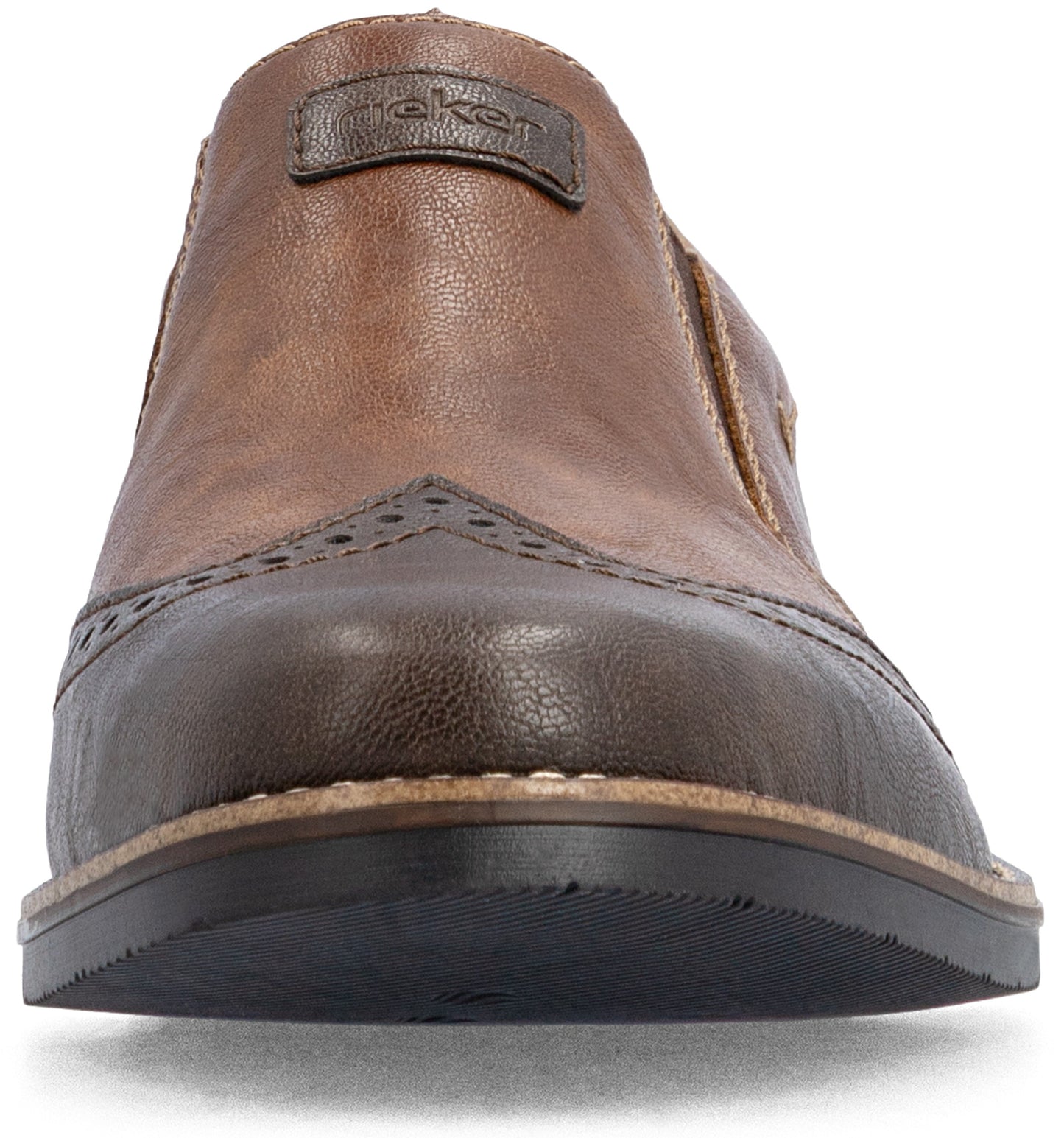 A brown leather slip-on shoe with a dark brown, brogue-style wingtip toe cap and a small brand logo patch on the upper.