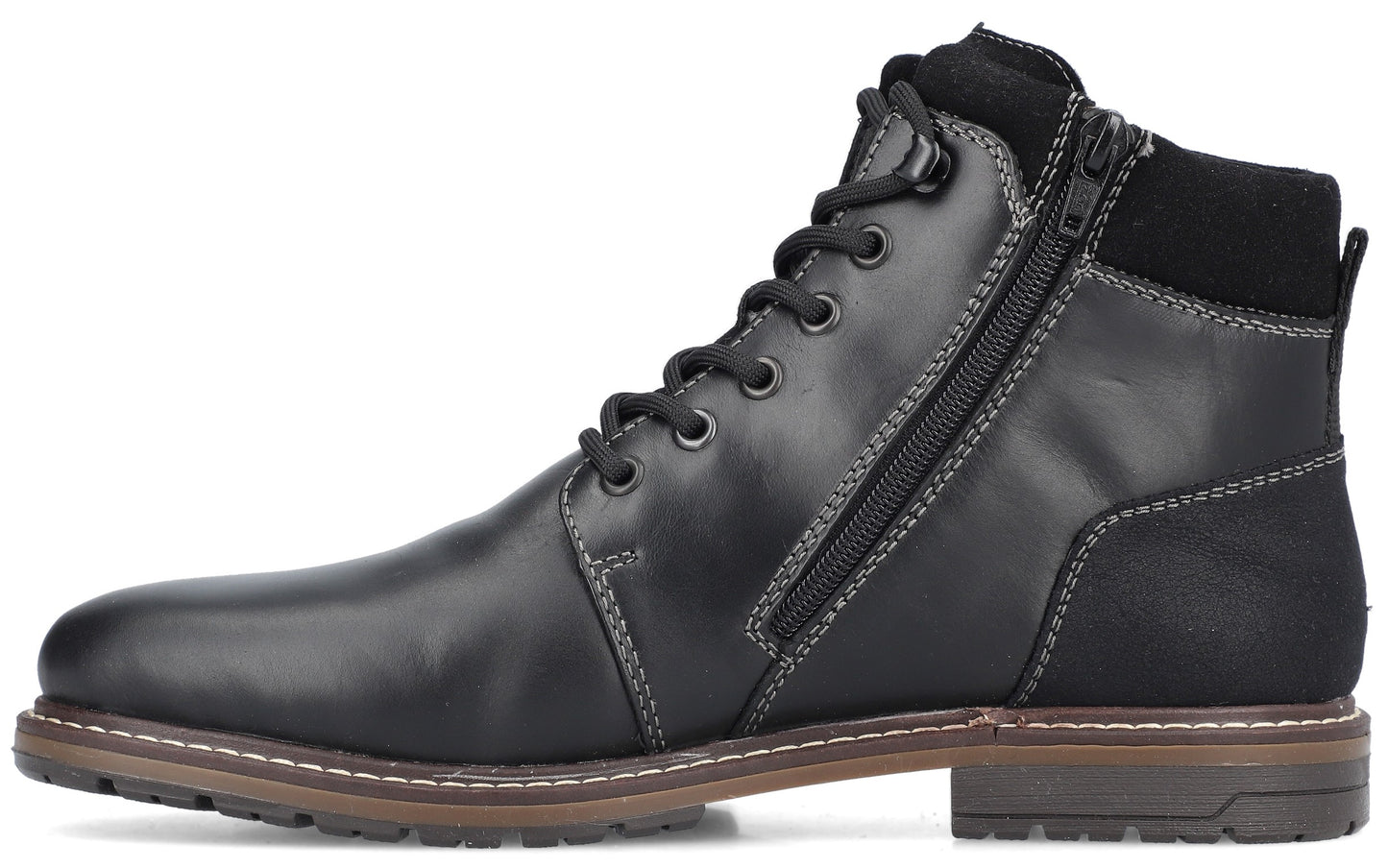Black leather ankle boot with laces and a side zipper.