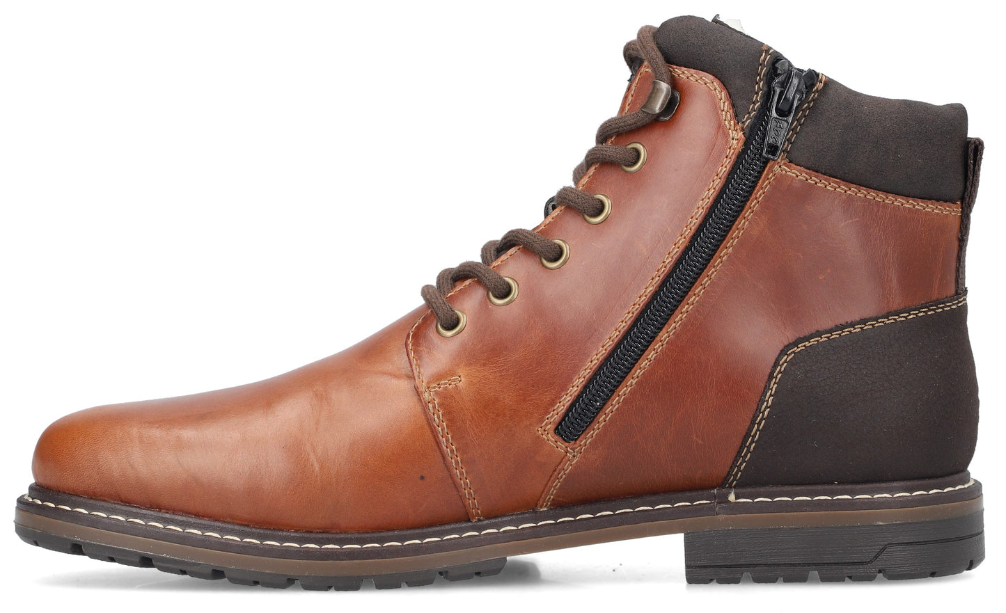 A brown leather boot with laces and a side zipper.