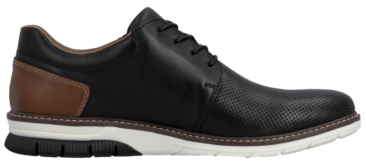 Black leather dress shoe with a brown heel.