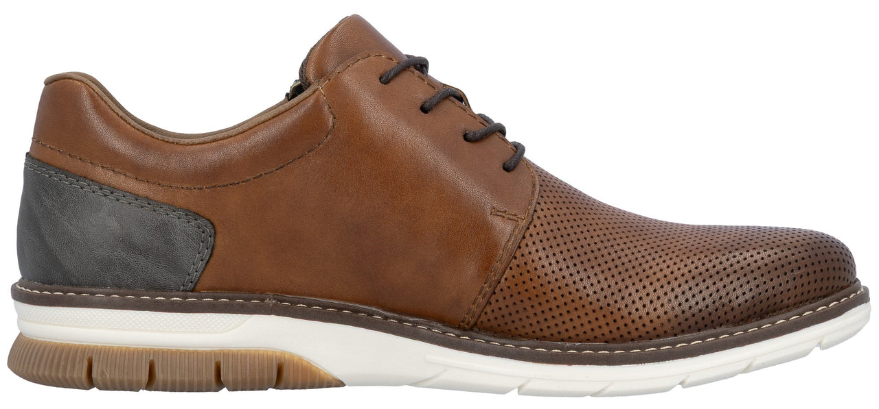 A brown perforated leather dress shoe with dark brown laces, a white midsole, and a grey heel.