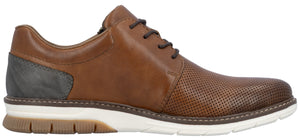 A brown perforated leather dress shoe with dark brown laces, a white midsole, and a grey heel.