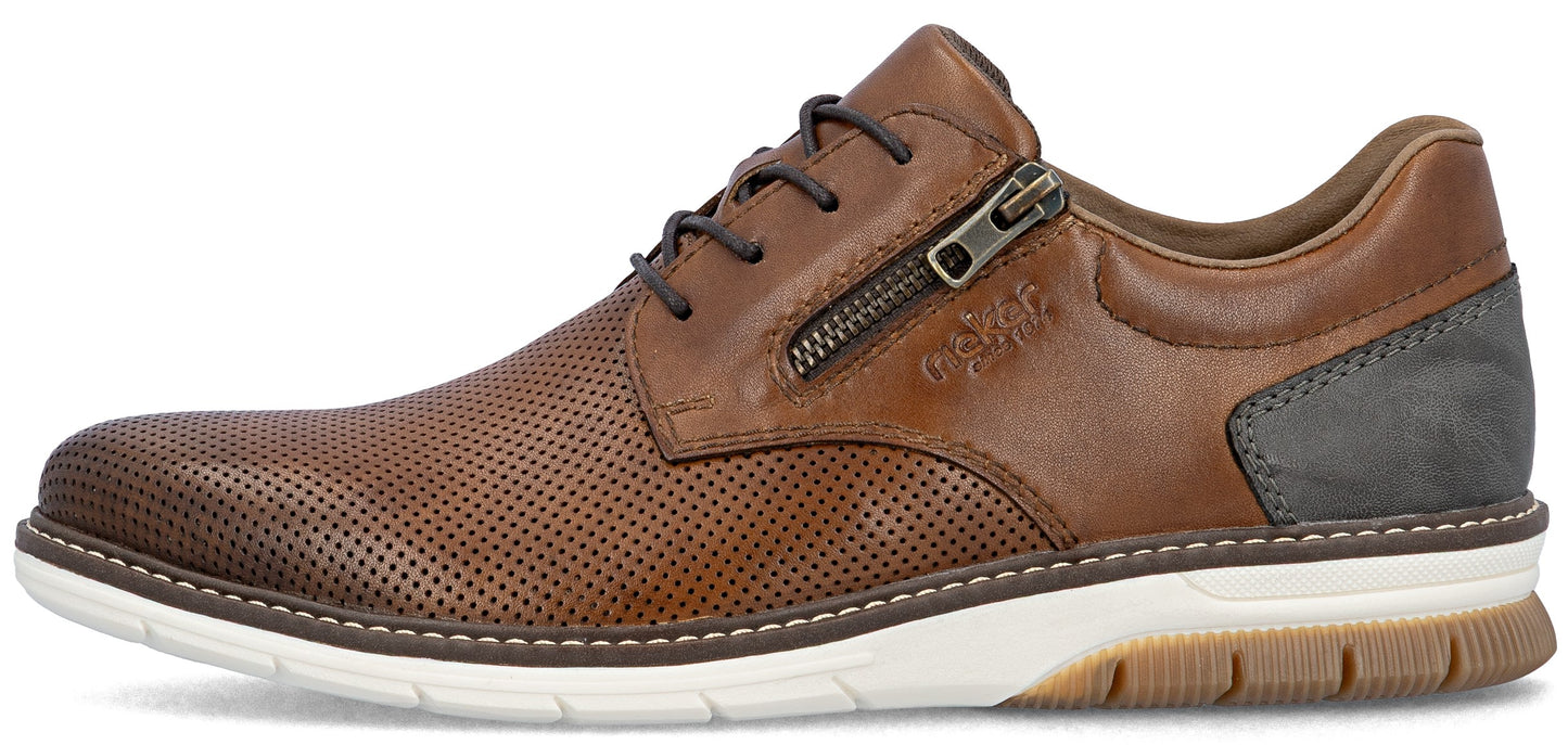 Brown leather dress shoe with zipper closure and perforated design.
