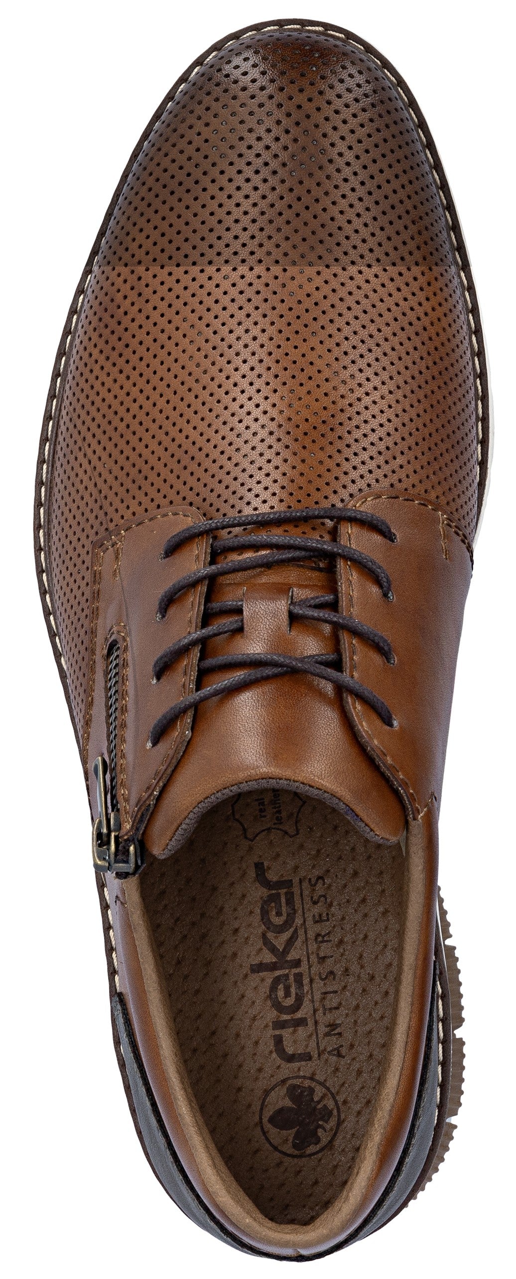 A brown leather dress shoe with perforated design and black laces.