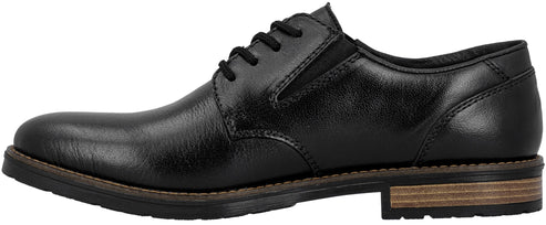 A black leather derby shoe with a smooth rounded toe, matching black laces, and a stacked brown and black rubber sole.