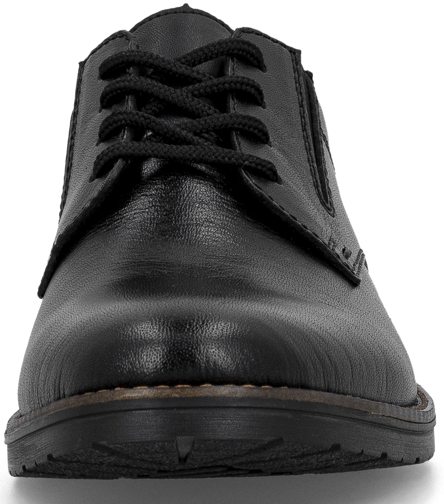 A close-up, front-facing view of a black men's leather derby shoe with black laces.