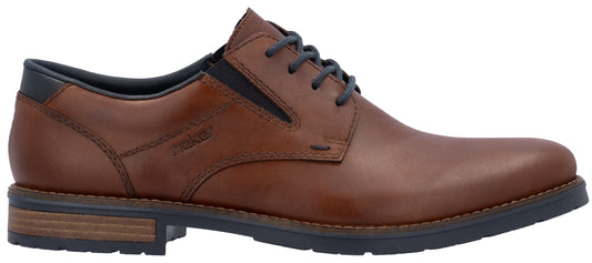 A brown leather lace-up derby shoe with a dark grey sole, featuring a wood-grain textured heel detail and the embossed brand name 'rieker' on the side.