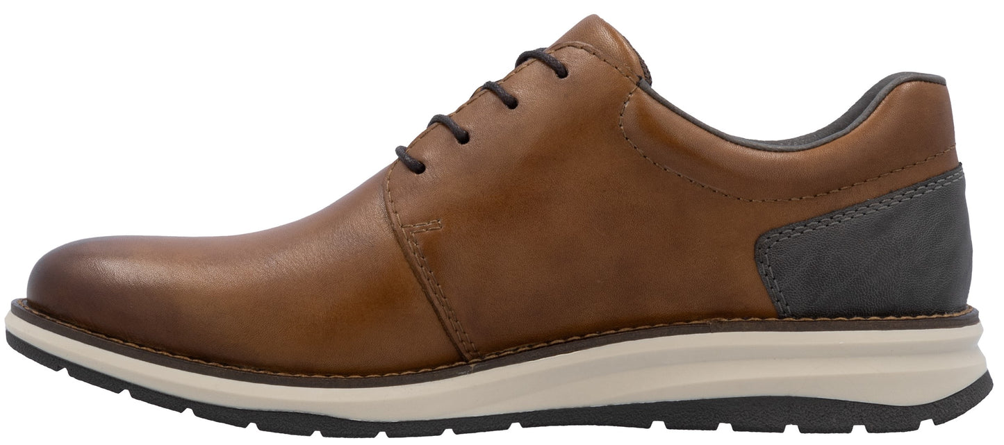Brown leather shoe with dark laces and gray heel.