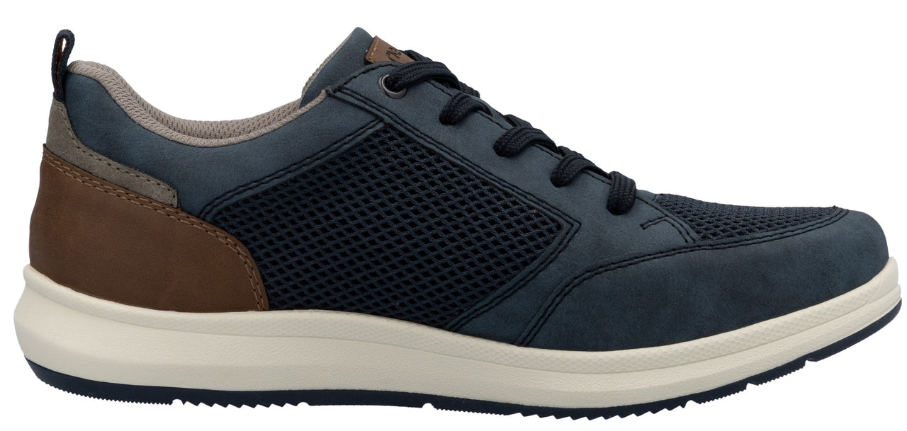 A navy blue and brown sneaker with black laces and a white sole.