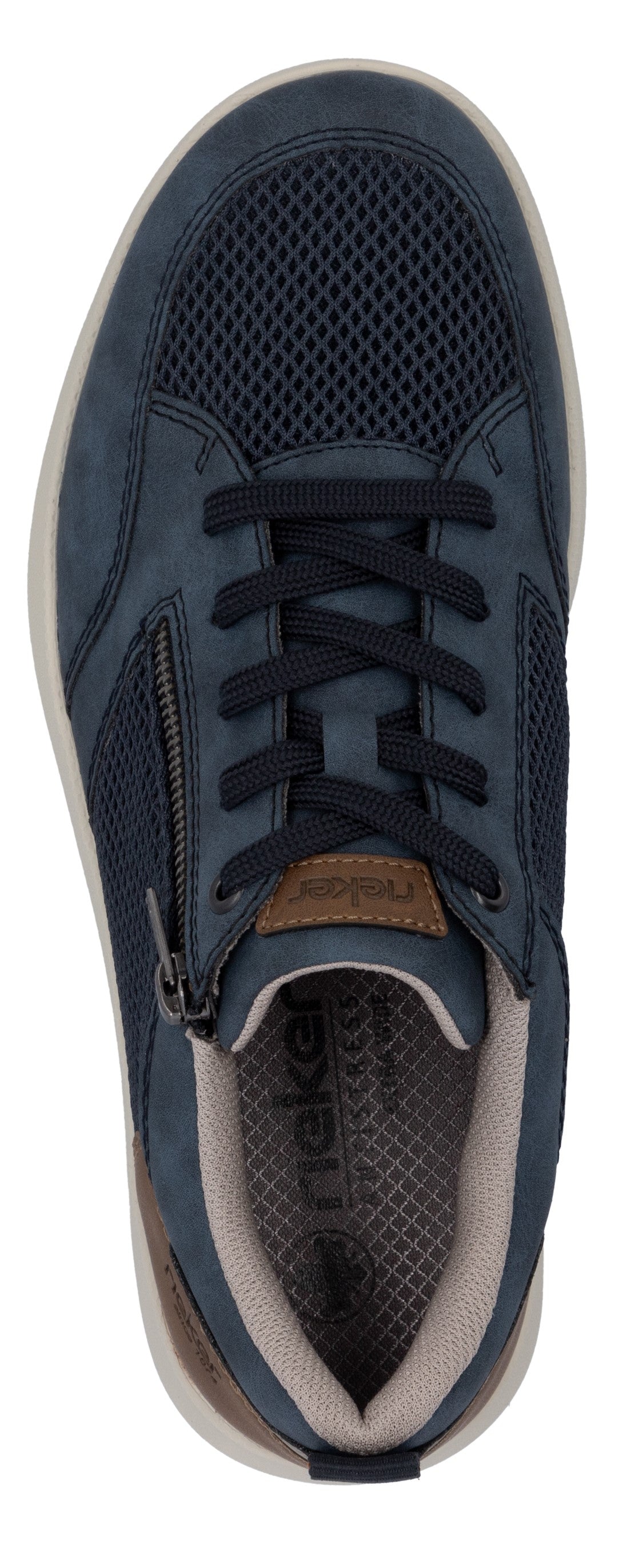 A top down view of a dark blue lace-up sneaker with a side zipper and mesh panels.
