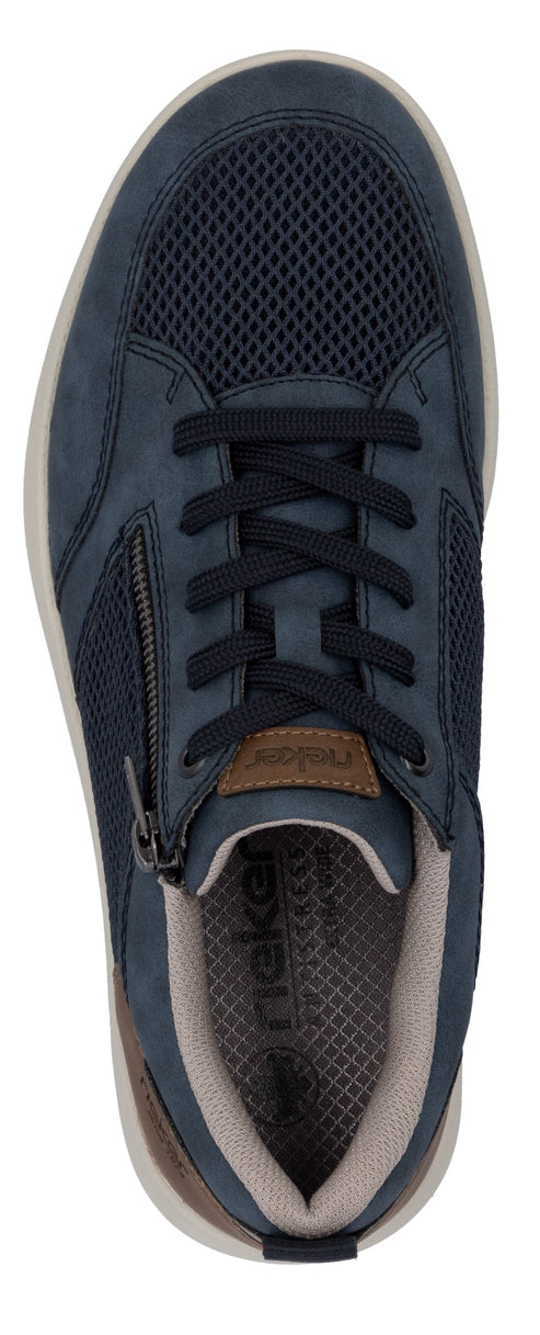 A top down view of a dark blue lace-up sneaker with a side zipper and mesh panels.