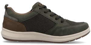 An olive green sneaker with brown accents and a cream-colored sole.