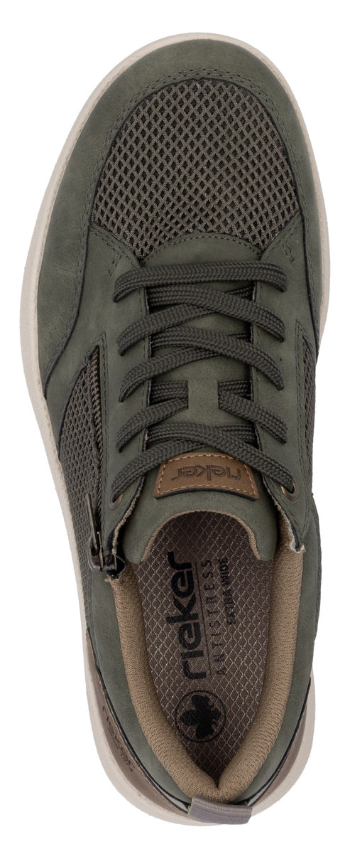 Olive-green sneaker with laces and a side zipper.