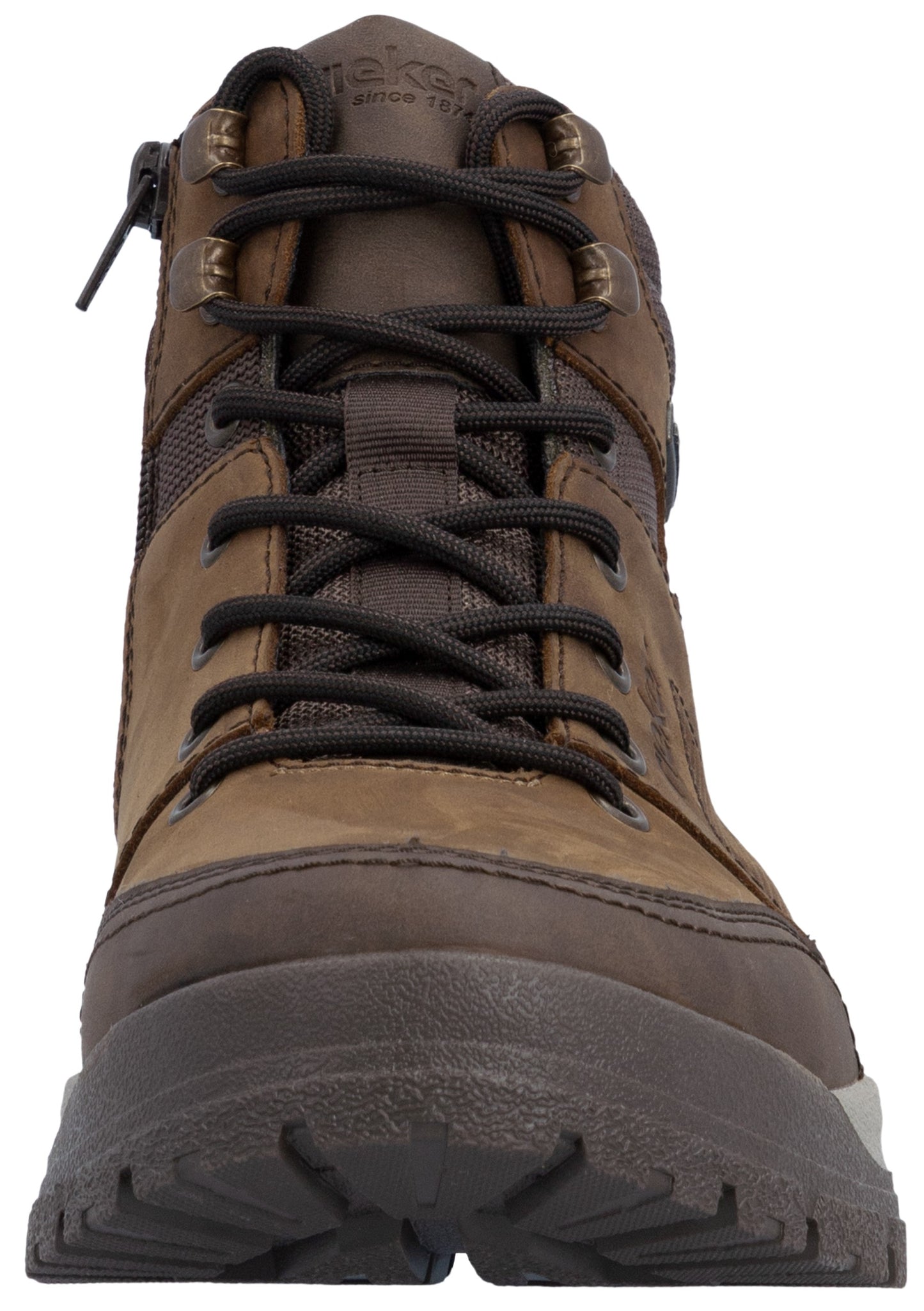 A brown, leather and textile lace-up boot viewed from the front, featuring a thick, dark brown rubber lug sole and a side zipper.