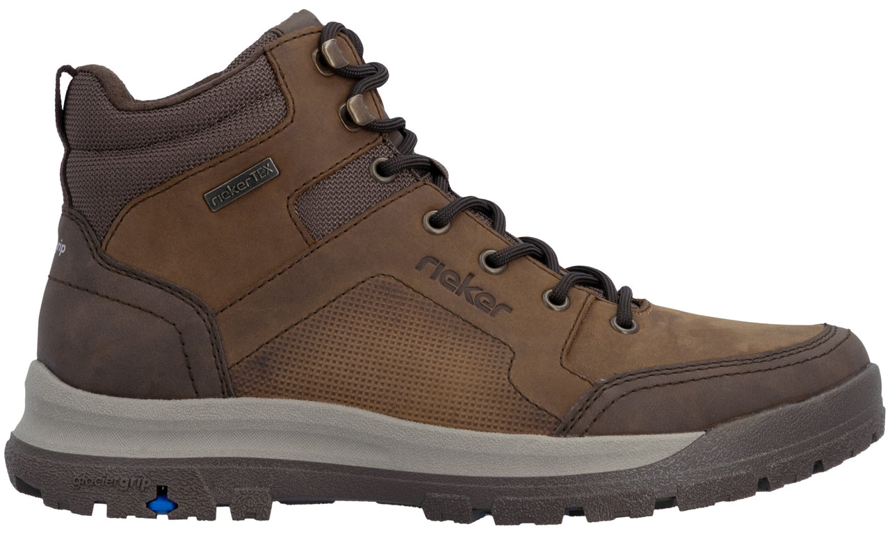 A brown Rieker-Tex high-top lace-up hiking boot with a grey sole, dark brown leather and textile upper, and dark laces, viewed from the side.