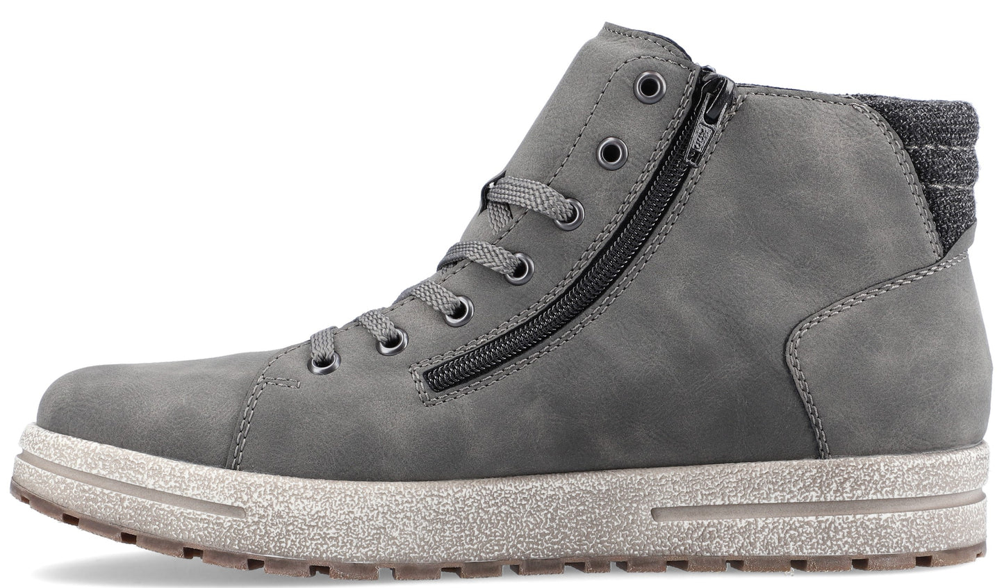 Gray high-top sneaker with laces and side zipper.