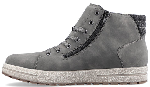 Gray high-top sneaker with laces and side zipper.