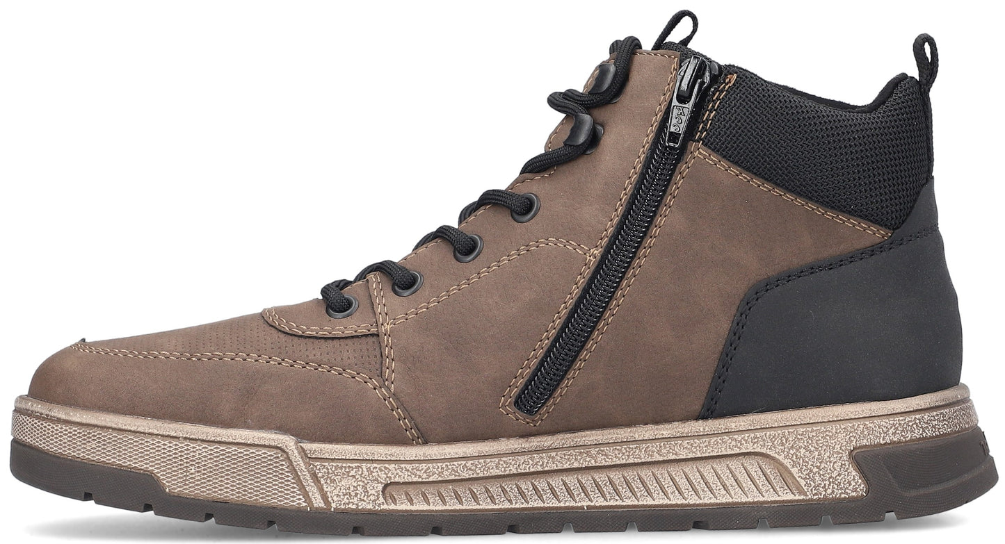 A brown high-top shoe with a black zipper.