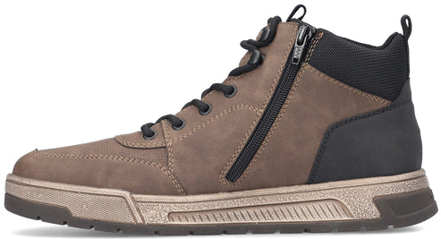 A brown high-top shoe with a black zipper.