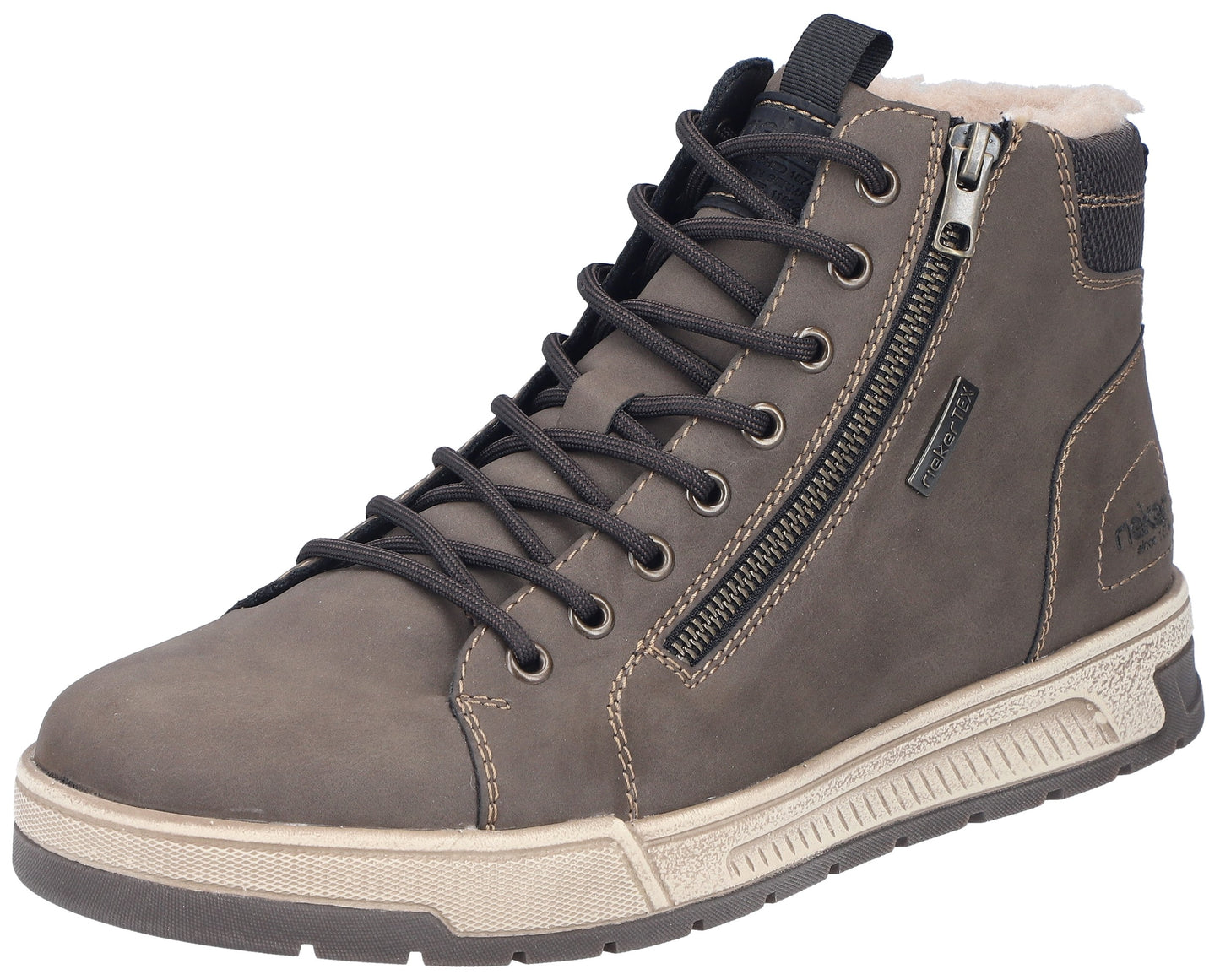 A gray ankle boot with a lace-up front, a side zipper, a light-colored chunky textured sole, and a faux-fur lining at the collar.