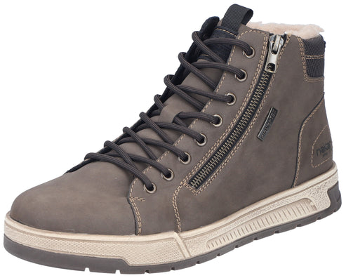 A gray ankle boot with a lace-up front, a side zipper, a light-colored chunky textured sole, and a faux-fur lining at the collar.