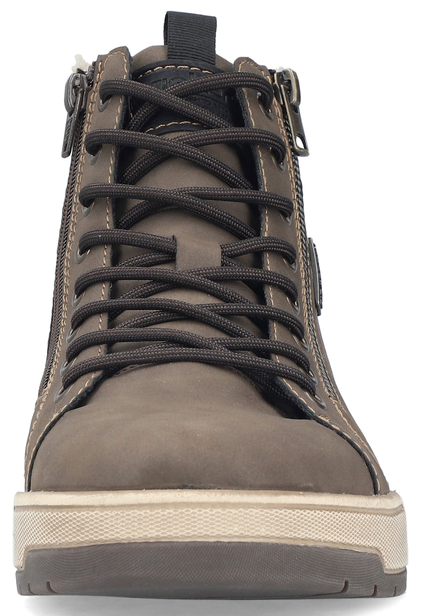 A brown high-top sneaker with a round toe, dark brown laces, a side zipper, a beige textured rubber sole, and a dark brown pull tab at the back heel.