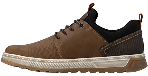 A brown and black casual sneaker with a textured brown fabric forefoot, smooth brown side panels, black collar, patterned laces, and a thick, ridged white midsole with a gum rubber outsole.