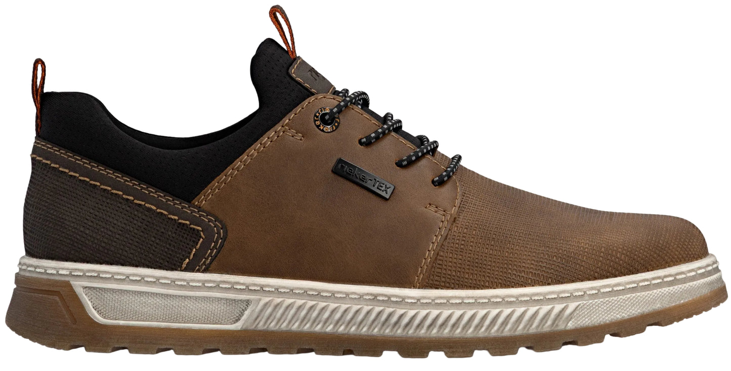 A brown and black casual sneaker with a textured brown leather and fabric upper, a white ridged midsole, a dark rubber outsole, and black laces with white speckles, featuring a small black tag reading PRIMETEX on the side.