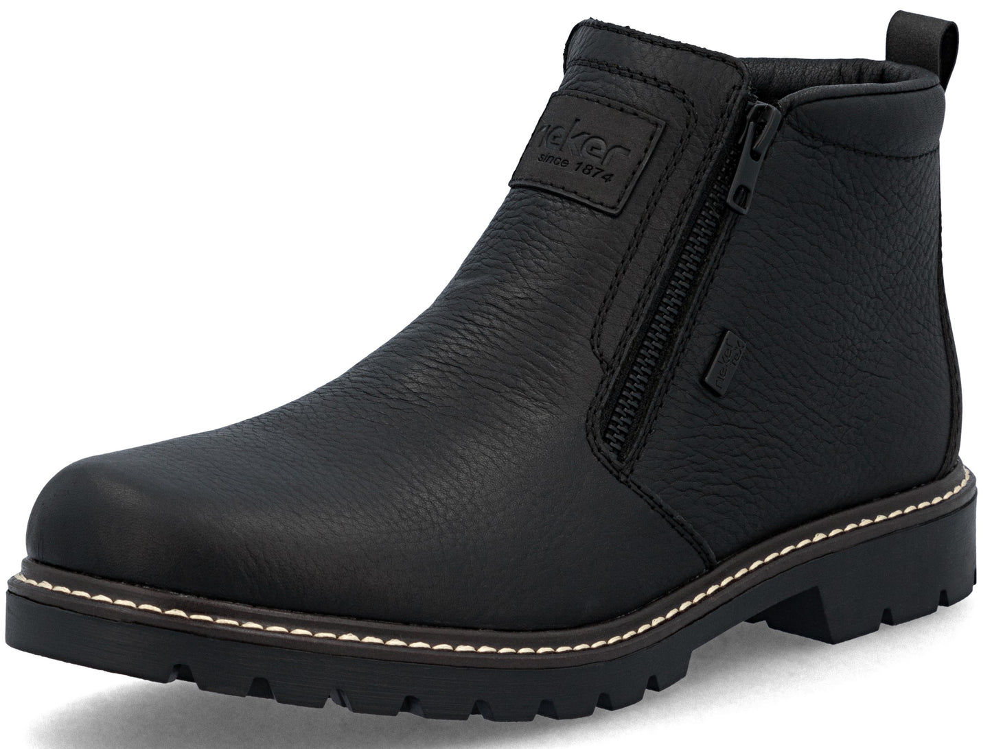 A black leather ankle boot with a side zipper closure, a padded ankle collar, a pull tab at the heel, and a thick, lugged black rubber outsole with a white stitched welt.