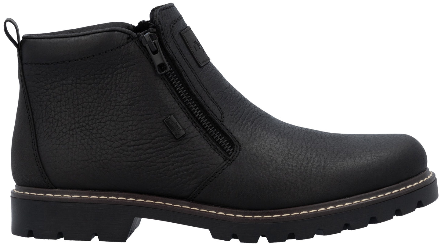 A black leather ankle boot with a side zipper closure, a cushioned heel collar, and a thick lugged rubber outsole.