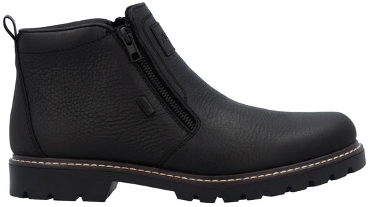 A black leather ankle boot with a side zipper closure, a cushioned heel collar, and a thick lugged rubber outsole.