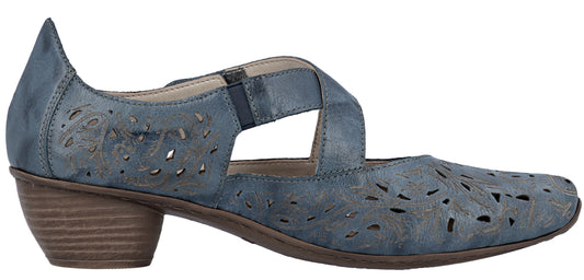Blue leather Mary Jane shoe with criss-cross strap and decorative cutouts.